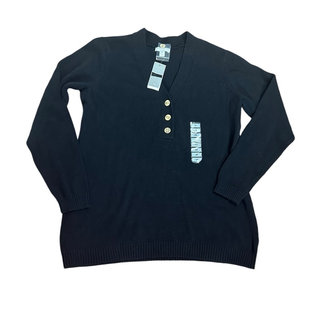 Charter Club Black Knit Pullover V-Neck Sweater Gold Buttons Women’s Sz 0X NWT